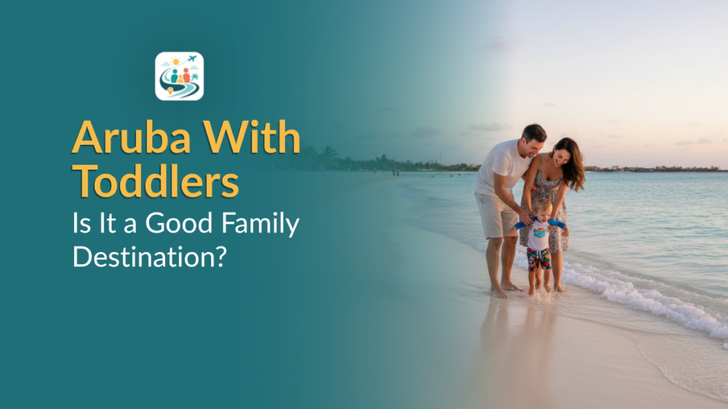 Family walking on a calm Aruba beach with toddler