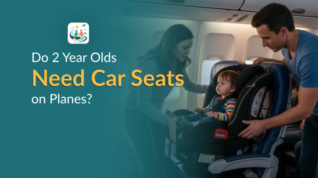 Parent installing a toddler car seat on an airplane seat