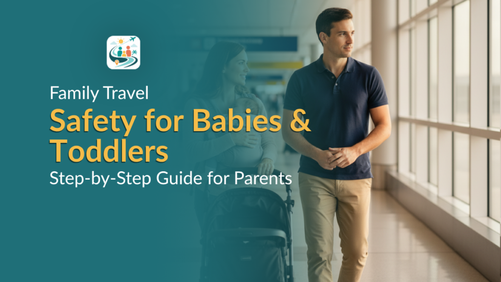 Family traveling safely with baby and toddler at airport