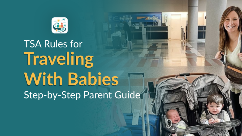 Parent holding baby in airport security line with stroller and diaper bag