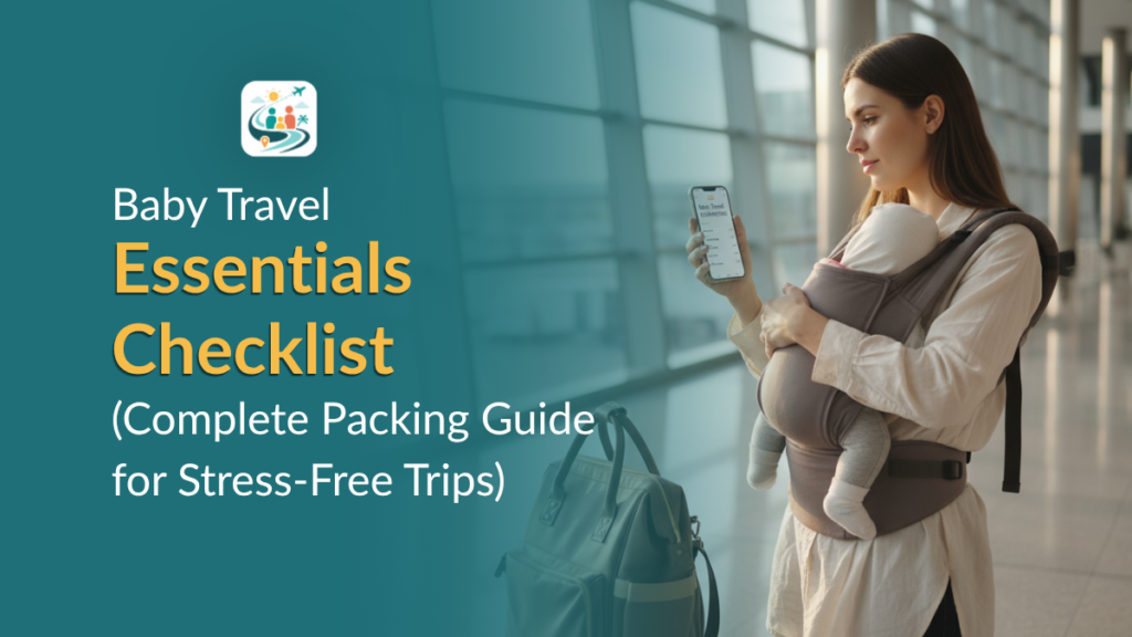 Mother checking baby travel essentials checklist at airport before flight