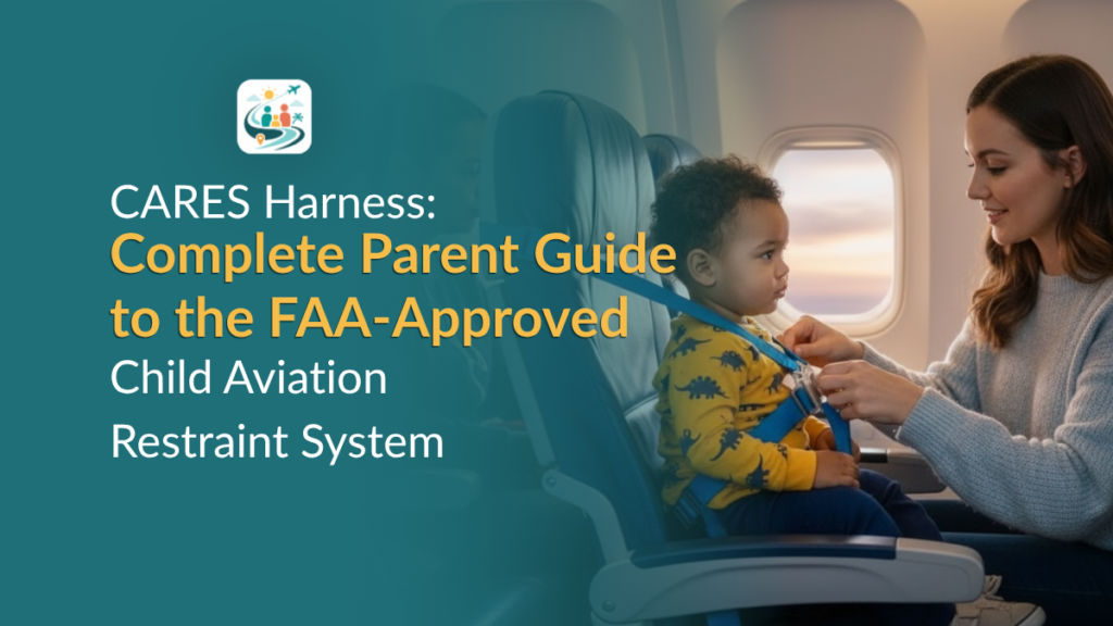 Parent securing toddler in CARES harness on airplane seat