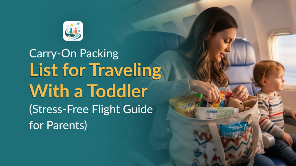 Mother organizing a carry-on packing list for traveling with a toddler on an airplane