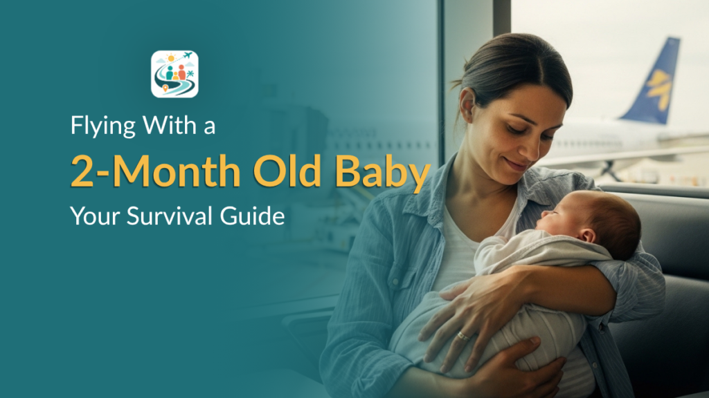 Mother holding a 2-month-old baby at airport before flight