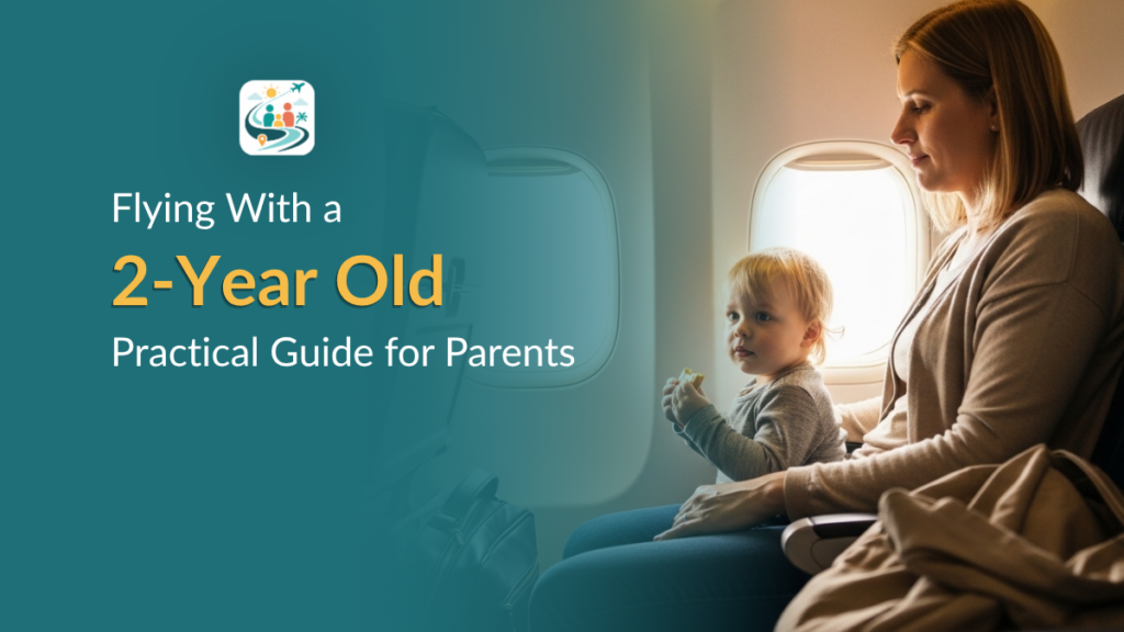 Parent flying with a 2 year old toddler sitting in airplane seat by window