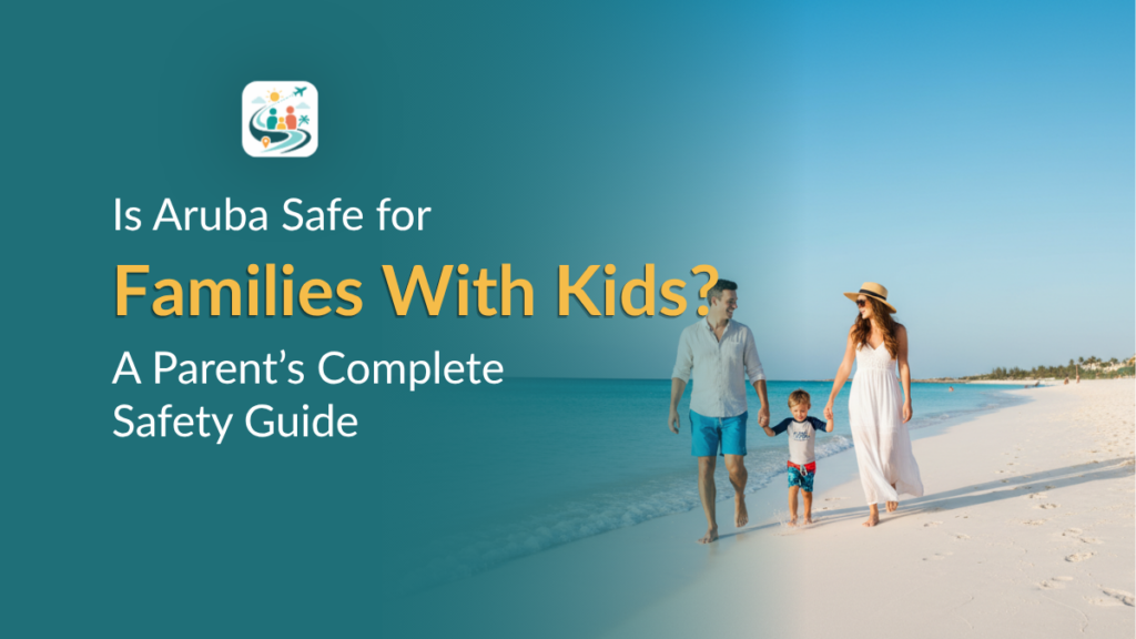 family with kids walking safely on Aruba beach calm water