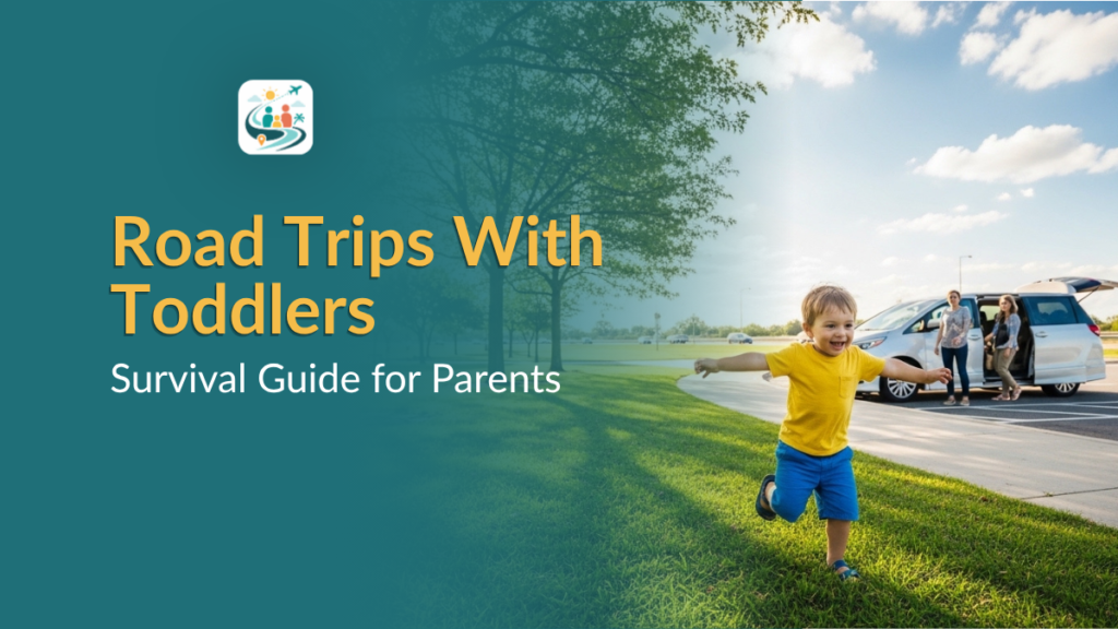 parent driving with toddler in car seat during road trip