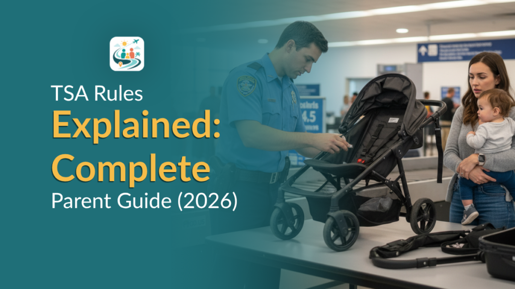 Parent folding stroller at TSA airport security with baby
