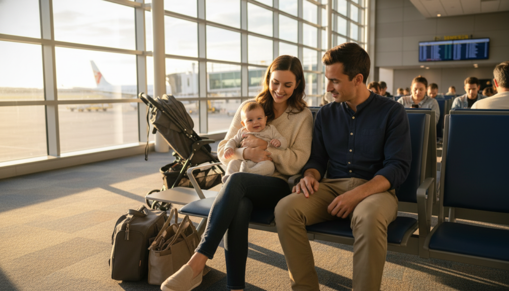 Parent relaxing with baby after passing TSA security