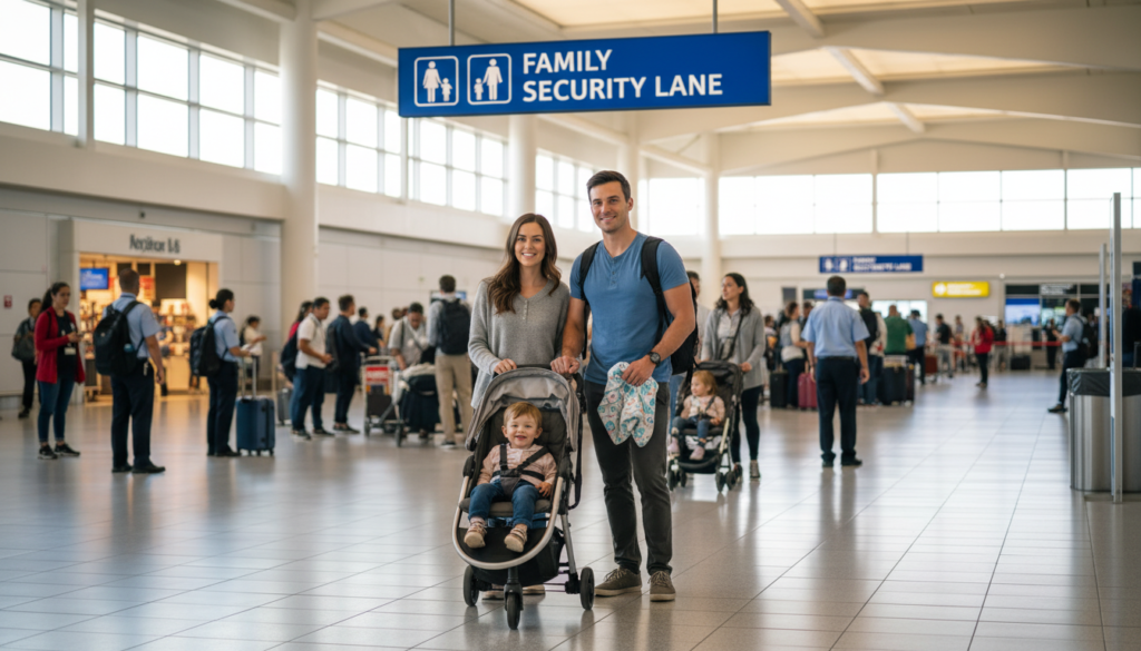 Family using TSA family security lane with stroller
