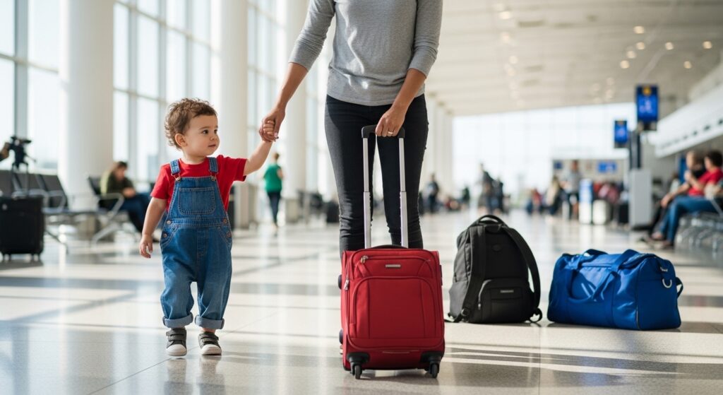 Parent walking with 2 year old toddler inside airport terminal
