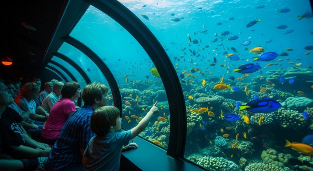 child watching fish inside Atlantis submarine Aruba