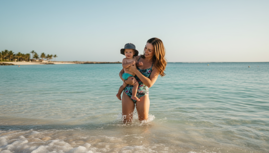 Toddler playing in shallow water at Baby Beach Aruba
