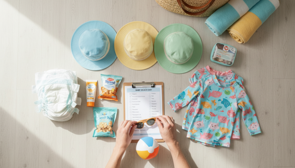 Parent packing baby beach essentials checklist at home