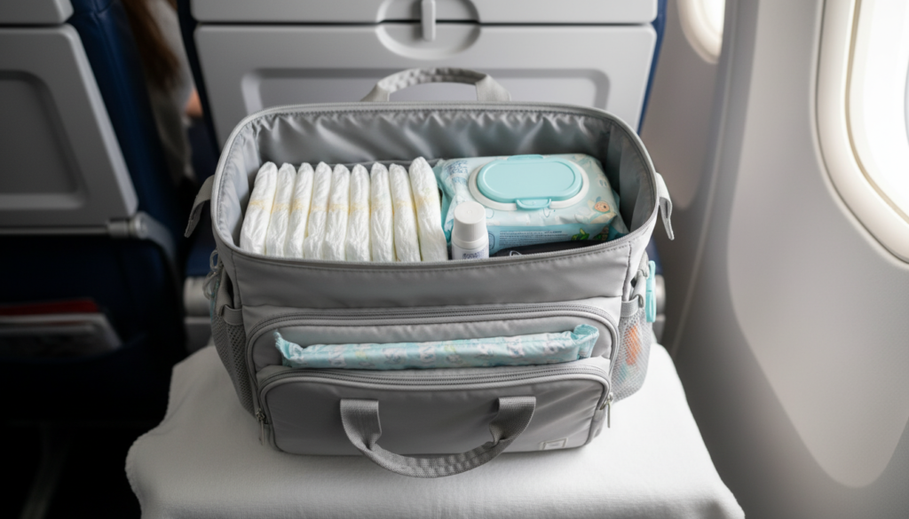diaper bag essentials for flying with baby