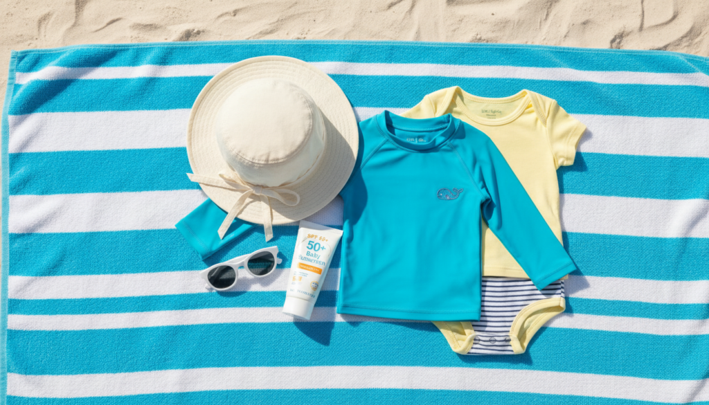 Baby sun protection essentials including hat sunscreen and rash guard