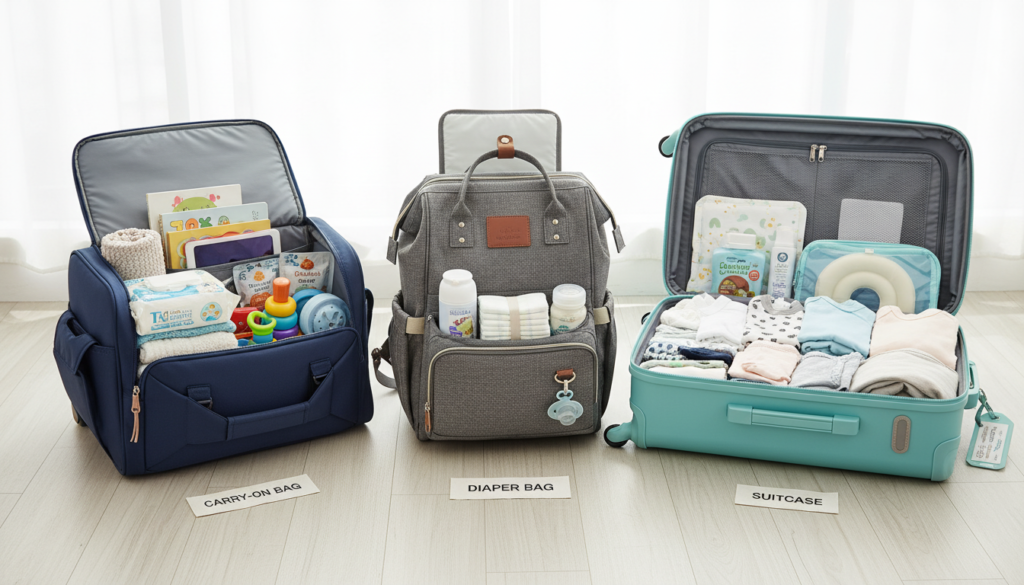carry on diaper bag and suitcase packing system for traveling with baby