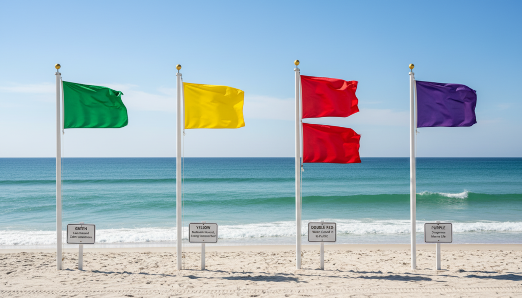 Beach flag warning system showing green yellow red and purple flags