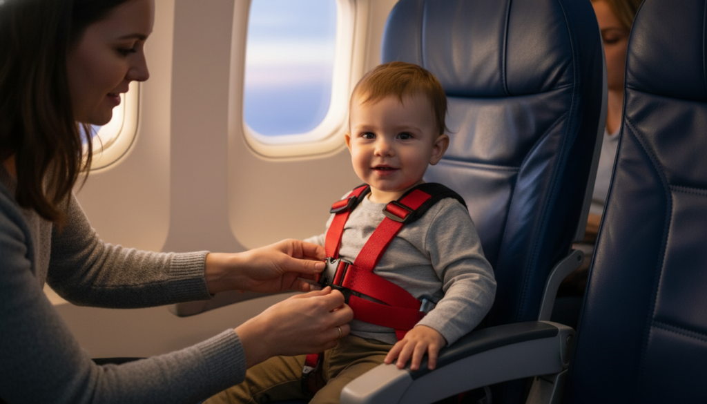 Toddler using CARES harness on airplane seat