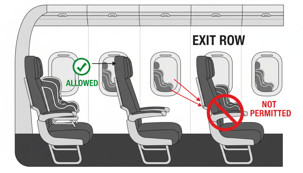 Airplane seat placement rules for CARES harness