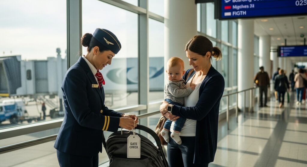Gate checking a stroller before boarding a flight