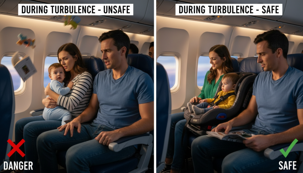 Lap child compared to toddler secured in airplane car seat