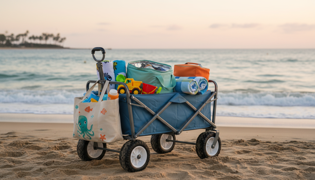 Beach wagon packed with baby beach essentials