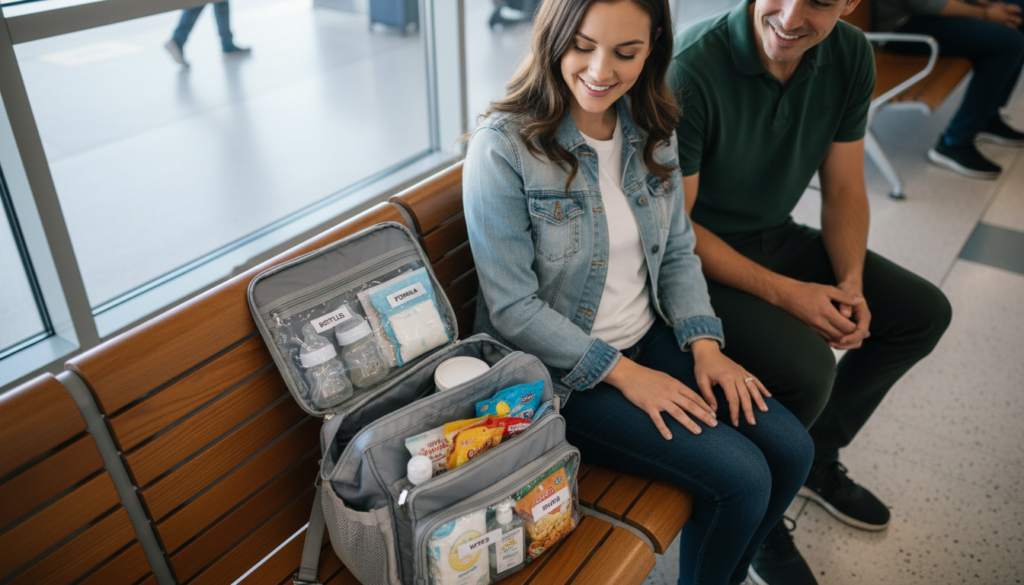 Organized diaper bag for TSA security screening with baby supplies