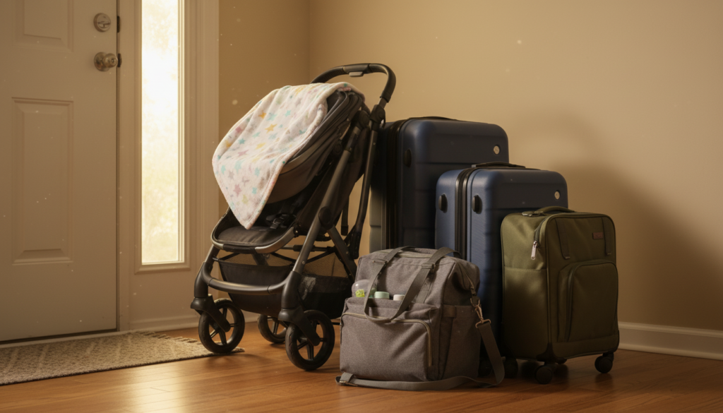family ready to leave home for trip with baby and toddler packed bags