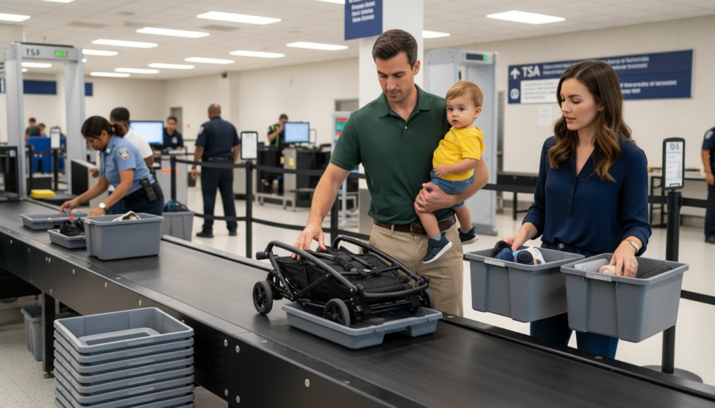 Folding stroller for TSA airport security screening