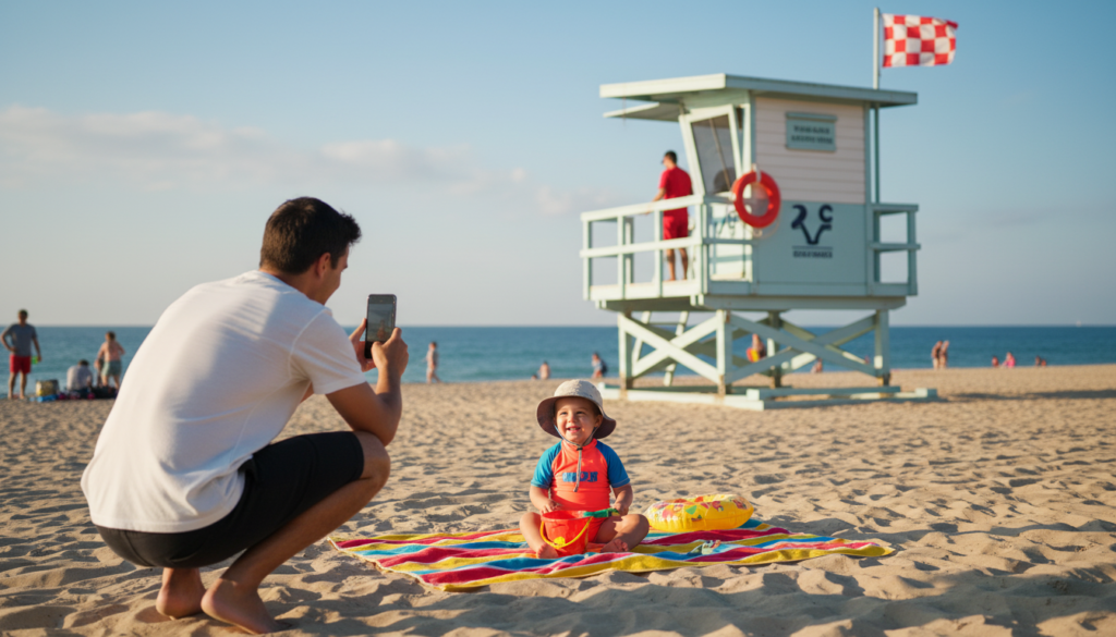 Parent taking photo of toddler before beach play for safety identification