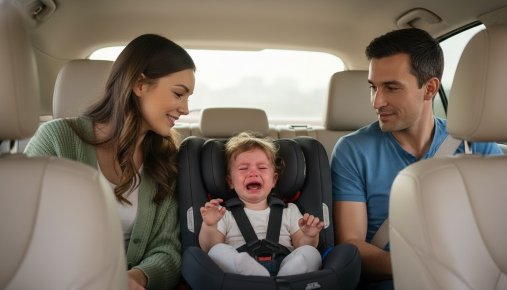 parent calming toddler during car seat tantrum