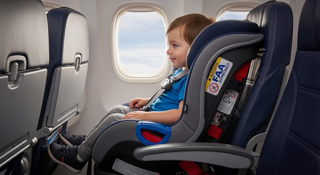 FAA approved car seat installed on airplane seat for 2 year old