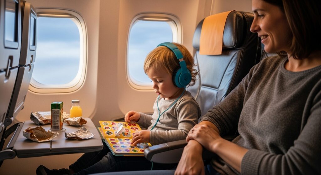2 year old toddler using stickers and headphones on airplane