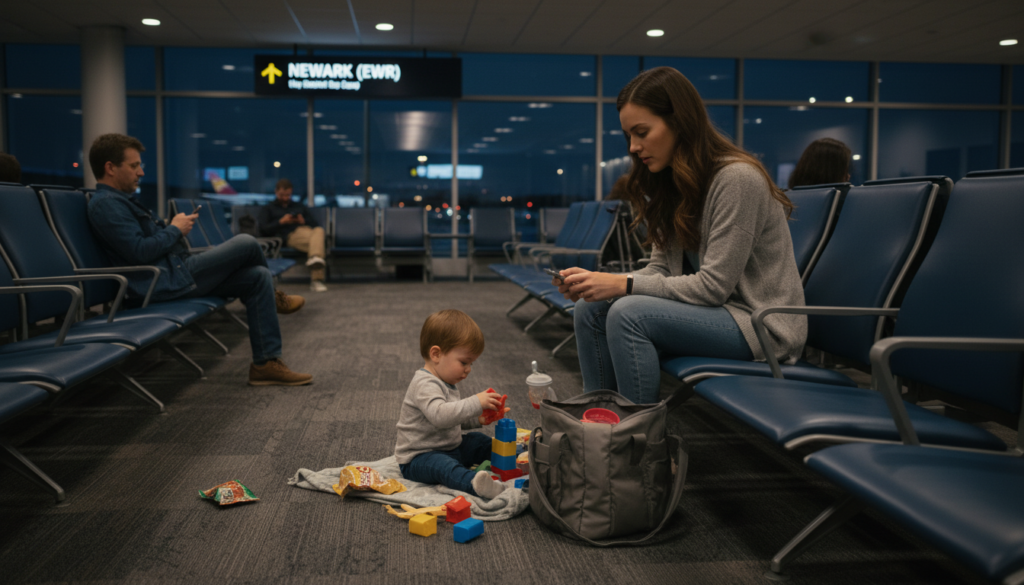 Toddler playing with toys and snacks during airport flight delay