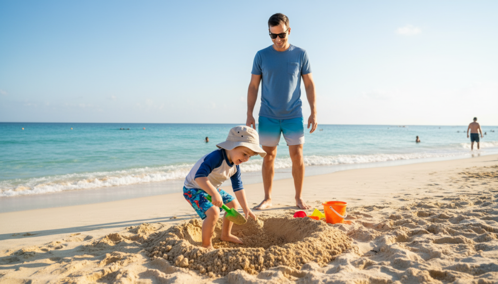 Toddler digging shallow sand hole with parent supervising at beach