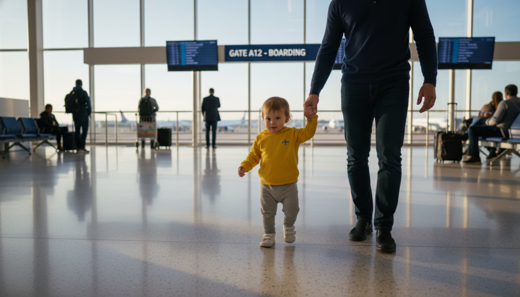 Toddler walking in airport before boarding to burn energy