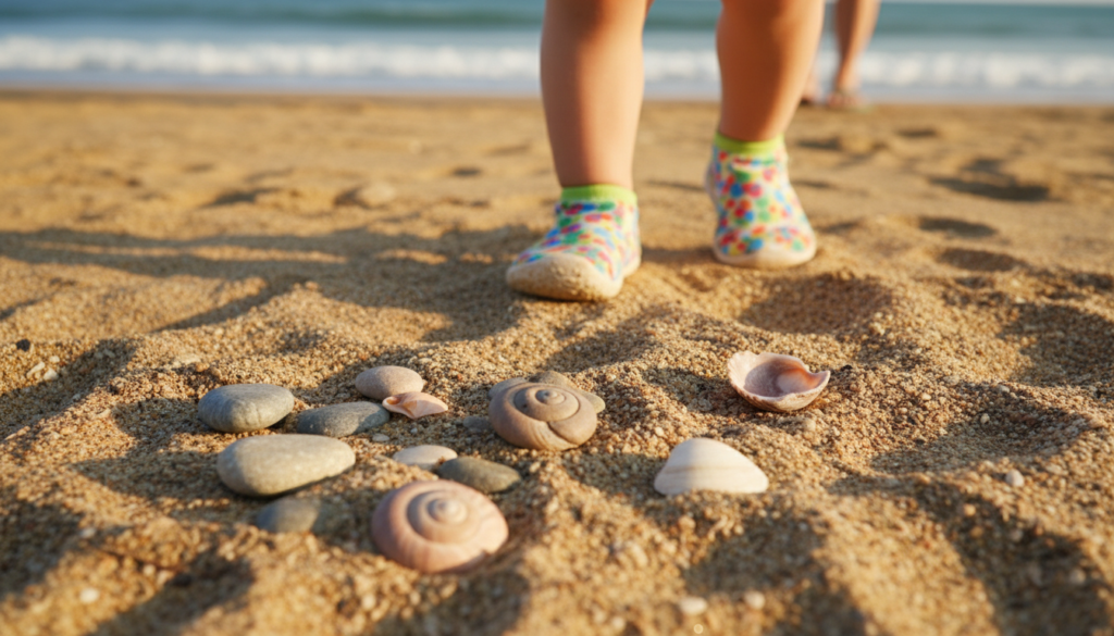 Toddler wearing life jacket at beach with parent supervision
