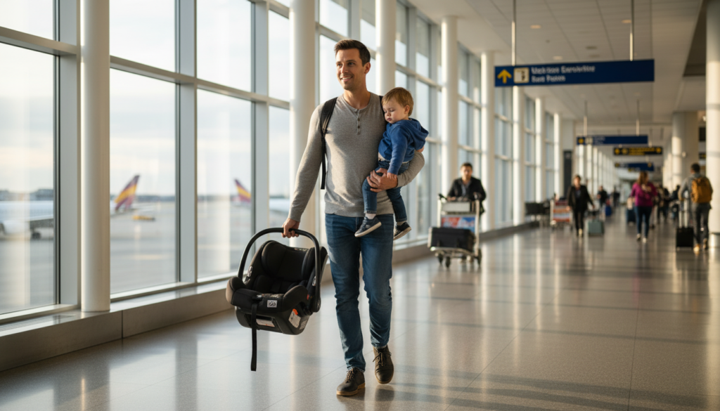 Parent traveling through airport carrying child car seat