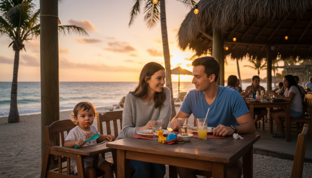 Parent struggling with overpacked stroller at beach