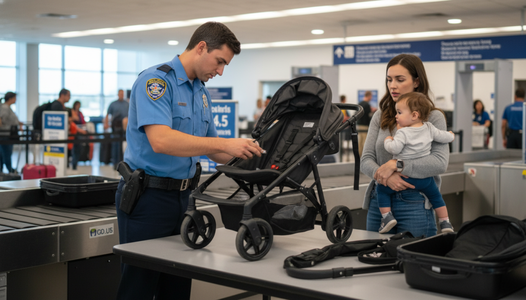 TSA officer manually inspecting large stroller at airport